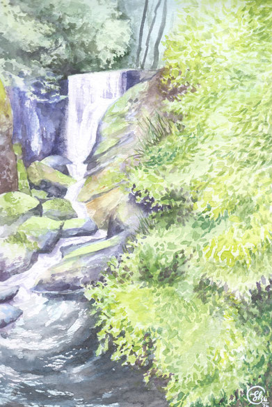Aquarellbild "Triberger Wasserfälle": Wasserfall bahnt sich einen Weg durch Felsen nach unten, rechts üppige Baumpracht