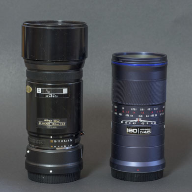 Größenvergleich: links Nikkor 180mm/f2.8 mit FTZ-Adapter; rechts Laowa 180mm/f4.5 1,5:1 AF Macro