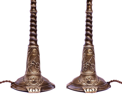 Bruno Paul Stil: Cockatoo art deco, Kakadu und Eule Bronze Lampe Tischlampe, Leuchte