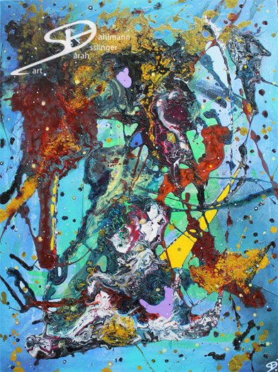 Sarah Esslinger-Dahlmann, langsames Zerreißen, Oktober 2021, 60 x 80 cm, Acrylfarbe, Mischtechnik auf Leinwand, abstraktes, kraftvolles, farbintensives Werk, hellblauer, grauer Hintergrund, getrübte Farben, gelb und rot