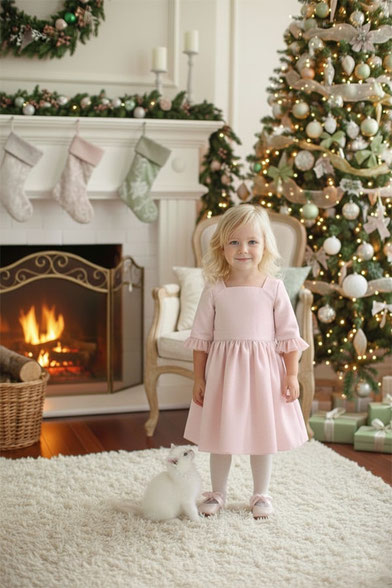 Robe de fête et de Noël petite fille rose pâle. Robe de princesse fille. Tissus français. Création française Fil de Légende. Magasin vêtements fête et cérémonie enfants Paris, Neuilly-sur-Seine. 