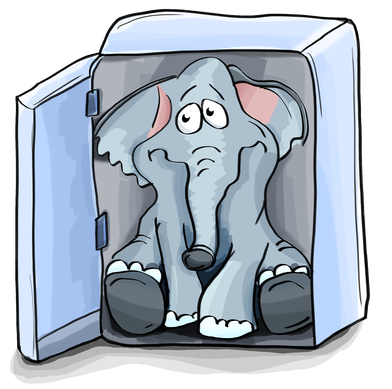 ein Elefant im Kühlschrank, zaghaft guckend