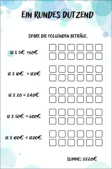 5€ Sparglas -kostenloses Sparchallenge Template für die Umschlagmethode