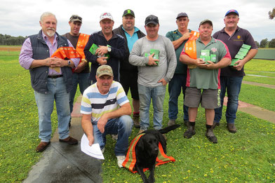 L to R:  Barry Ellis, Christian McGauran, Andrew Harrington, Gary Byron, Brodie Seccull, Marc Connell, Paul Weygood, Marty Seymour. Kneeling - Club Pres.  Phillip Smith with Cinder the Black Lab.