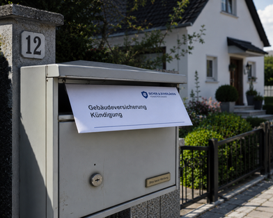 Briefkasten in gepflegtem deutschem Wohngebiet mit herausragendem Brief „Gebäudeversicherung Kündigung“ und Versicherungslogo vor Einfamilienhaus