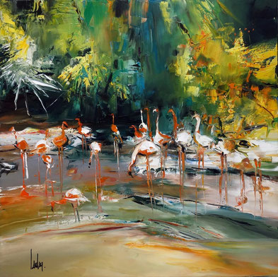 "Plouf plouf les flamands" - 80x80 - vendue - direction Etats-Unis