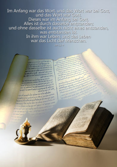 Stillleben mit Bibel, Christliche Spruchkarten, Johannes 1,1