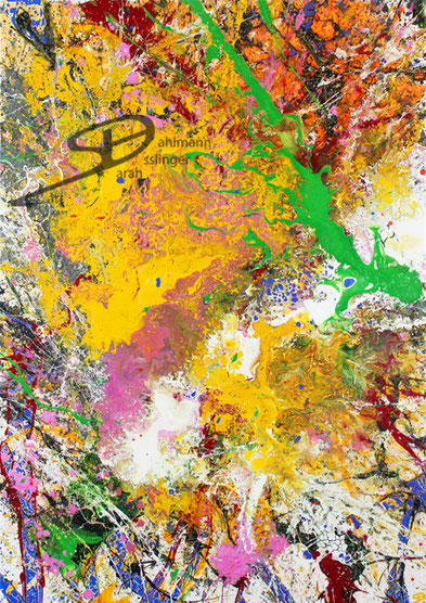 Sarah Esslinger-Dahlmann, Wasserwege, Juni 2022, 70 x 100 cm, Acrylfarbe, Mischtechnik auf Leinwand, abstraktes, kraftvolles, farbintensives Werk, großflächiges Gelb, weiß, rosa, grün, und blau als Akzent