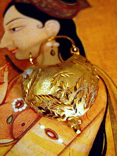 Kalyani earrings: joined, 24kt, gold-dipped, sterling-silver shells, etched and-stippled both sides, high-polish and matte areas