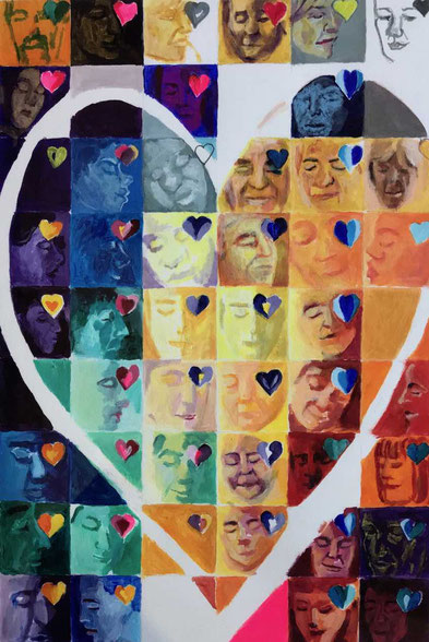 Peinture colorée de Marc GOLSTAIN, représentant un damier de visages apaisés de personnes méditantes,un visage dans chaque carré avec un coeur et un grand coeur 