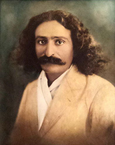 This photograph of Meher Baba was coloured by-hand by Hermes. Private collection.