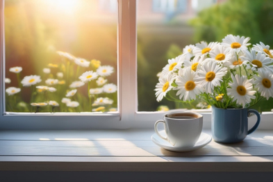窓辺のテーブルにコーヒーの入ったカップ＆ソーサ。マグカップに飾られたマーガレットの花。