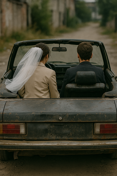 Ein Hochzeitspaar in einem alten, etwas schäbigen Cabrio