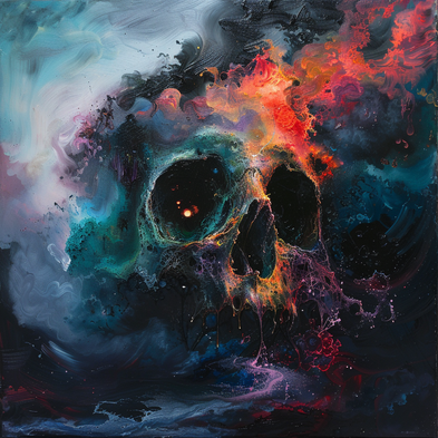 ein Bild eines Totenkopfes auf dem dunkel violett und Cyan Waschungen projeziert sind vor schwarzem Hintergrund, Metalcore, lichtdurchfluteten Gemälden, dunkel und bedrohlich