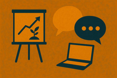 Ein Flip-Chart, stilisierte Sprechblasen und ein Laptop unterstützen beim online Coaching in Gladbeck und bei der psychologischen Beratung in Kirchhellen