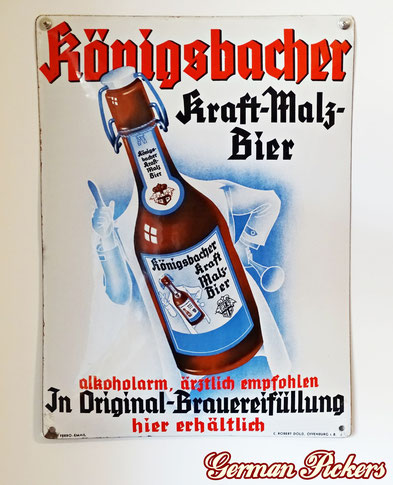 Königsbacher Bräu Kraft Malz Bier - ärztlich empfohlen Koblenz  - Emailschild  Deutschland um 1930  C. Robert Dold Offenburg, 45 x 55 cm 