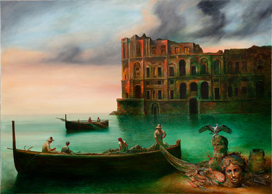 painting, Naples, fisherman, boat, antique sculptures, mobile phone, arm clock, mediterranian, bay
