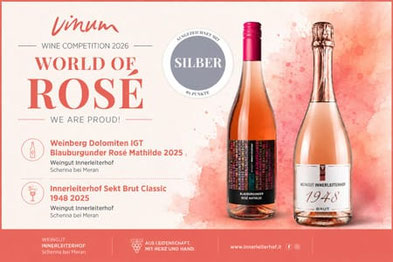 Vinum World of Rosé 2026: l’azienda vinicola Innerleiterhof di Scena festeggia la medaglia d’argento ottenuta dal Pinot Nero Rosé Mathilde e dallo spumante Brut Classic 1948.