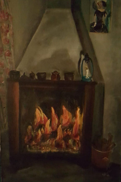 Al calor de la chimenea. Oleo sobre tela, 40 x 30 cm. 1993.