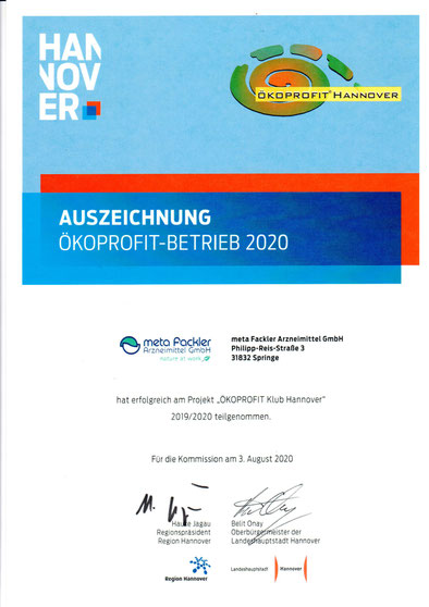 Auszeichnung zum Ökoprofit-Betrieb 2020 von meta Fackler