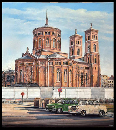 St. Thomas hinter der Mauer um 1990. Berlin-Mitte mit Blick nach Kreuzberg. Öl auf Leinwand, 80x90 cm, gemalt 2025. Verkauft.