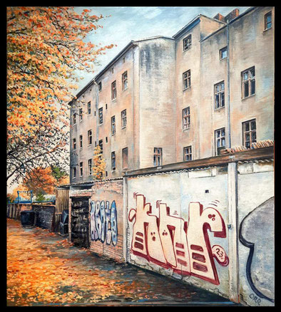 Graffitiwand an der Hermannstraße. Berlin-Neukölln. Öl auf Leinwand, 70x80 cm, gemalt 2023. 1150 €