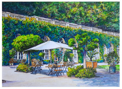 Kaffee im Körnerpark. Berlin Neukölln. Tuschestift, Ink Brush und Aquarellfarben. Mit Passepartout und Rahmen. 21x29,6 cm, entstanden im Juli 2024. 200 €