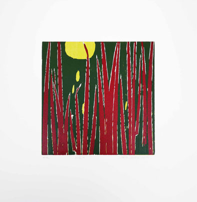 kunst, art, grafik, graphic, linoldruck, linolprint, linolschnitt, linolcut, woodcut, holzschnitt, holzdruck, woodprint, original, natur, nature, gras, gräser, mond, moon, yellow, green, red, gelb, rot, grün, abstrakt, abstract