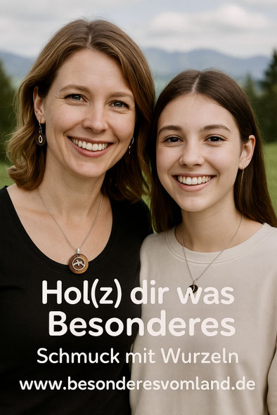 Mutter und Tochter stehen in der Natur, lächeln und tragen Holzschmuck von „Besonderes vom Land“