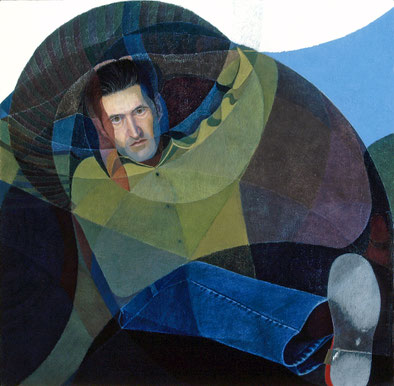 Francois Beaudry, self-portrait, Bélier, poisson, oiseau et saltimbanque, pastel on carborundum panel,