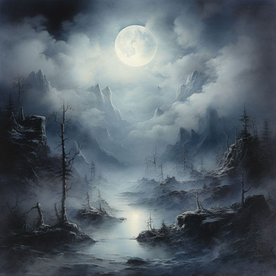 Nächtliche, winterliche Nebellandschaft in einem Wald, an einem See oder Fluss, am Himmel sind Wolken und Nebel, dahinter leuchtet der Vollmond