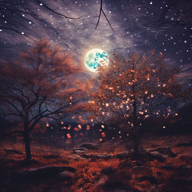 Man sieht zwei Herbstbäume in der Nacht im Hintergrund leuchtet der Vollmond, die Wiese scheint rot zu sein, der Nachthimmel ist dunkel Viollet um durchzogen mit leuchtenden kleinen Sternen