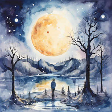 Es ist eine hell erleuchtete Nacht an einem verschneiten winterlichen See, am Himmel trohnt ein grosser gelber Vollmond, unten steht ein Junge der zum Mond hoch schaut, neben dem Jungen stehen blätterlose Bäume, am Himmel sind ebenfalls Schneeflocken