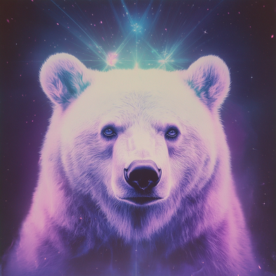 Weißes Bärenporträt mit leuchtenden Augen und Nase vor einem neonvioletten Hintergrund mit Galaxienmotiv. Ein helles weißes Licht strahlt aus der Mitte des Bärenkopfes und erzeugt ein fantasievolles, von Vintage-Postern inspiriertes Retro-Design.