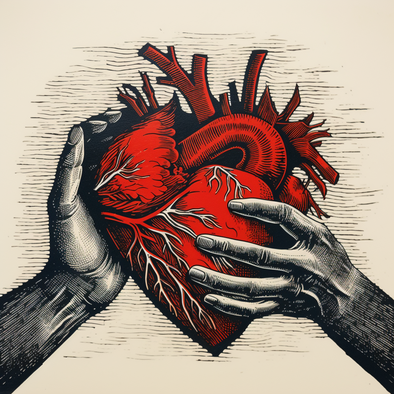 Zwei schwarz-weiss Illustrierte Hände halten ein ebenfalls illustriertes Herz, das Herz ist rot und phsyiologisch korrekt illustriert, der Hintergrund ist Beige mit schwarzen feinen Strichen