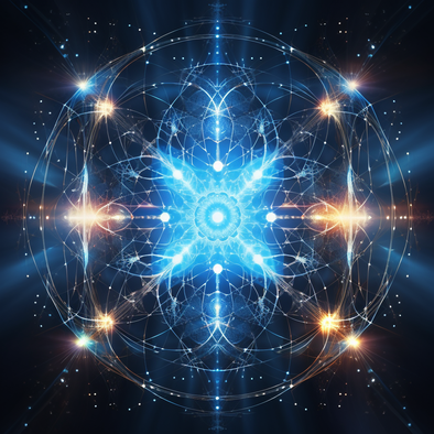 Ein geometrisches leuchtendes Licht-muster in blau, schwarz und gelb, mystisch und spirituell, heilige geometrie