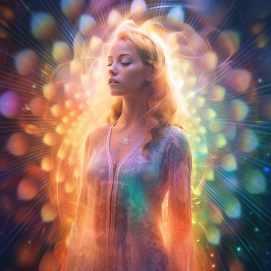 Frau in weißem Kleid steht in abstraktem holographischem Licht auf buntem Hintergrund, im Stil spiritueller Meditationen, fotorealistischer Porträts, helles Smaragdgrün und Orange, helles Magenta und Bernstein, energisch