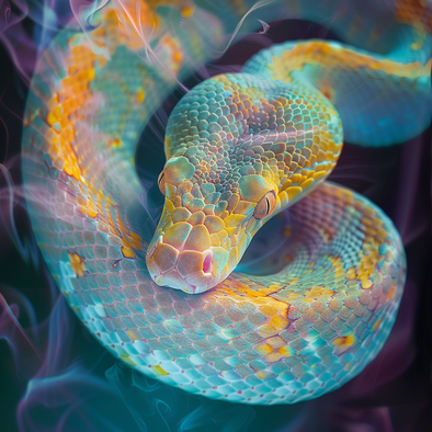 Ein Schlangenkopf ist zu sehen, wie sie auf ihrem Körper ruht, in wunderschönen irisierenden Farben, blau, gelb, rosa orange, auf rauchigem blauen und violetten untergrund