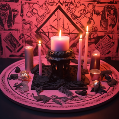 Altar mit rosaroten Kerzen und schwarzen mystischen Dingen für die Liebesmagie und liebeszauber.