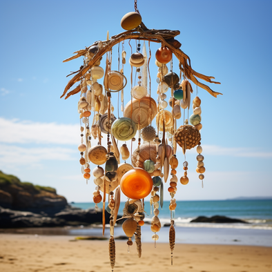 Ein Mobile gebastelt aus Strandgut hängt an einem Strand, im Hintergrund sieht man Felsen, das Meer und den hellen unbewölkten Himmel