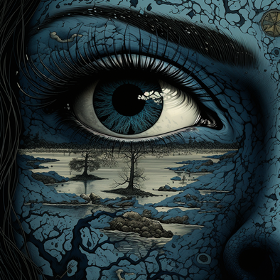 Das Auge einer Frau ist mit trockener Erde bedeckt, im Stil detaillierter Science-Fiction-Illustrationen, Blau und Schwarz, detaillierte Naturdarstellungen, Südgotik, auffällige Details, komplizierte Landschaften, Reflexreflexionen