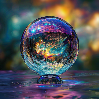 Eine schöne Glaskugel steh auf einem Glasfuss auf einer metallisch reflektierenden Unterlage, in der Kugel ist ein wald zu sehen, im Hintergrund sieht man weichgezeichnete formen in den farben gelb und grün, kugel farben violett blaue gelb und orange