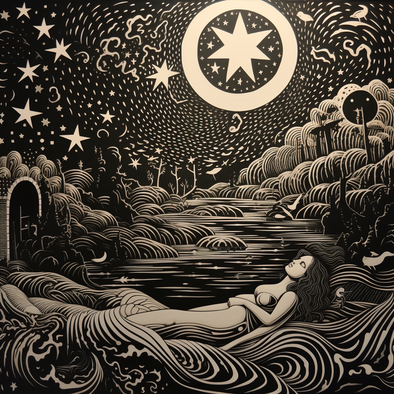 Illustration einer schlafenden Frau auf den Wellen des Meeres, umgeben von Wasser, Wellen, Bäumen und Natur, am Himmel ein Stern im Mond umgeben von sternen und Luft