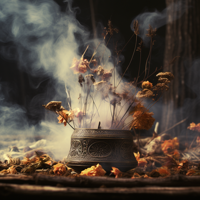 Vase mit einigen getrockneten Blumen aus dem Rauch empor steigt, in einem Herbstwald, mystische Atmosphäre, Schmelztiegel, mischt realistische und fantastische Elemente