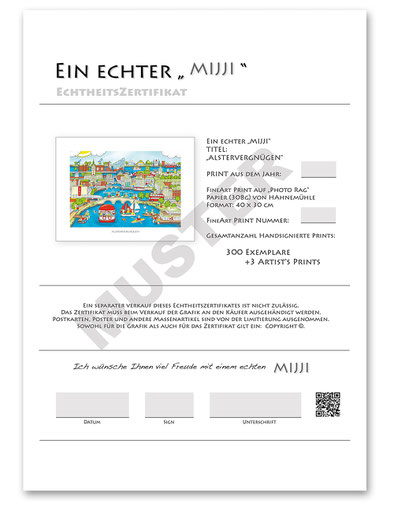 Beispiel: Zertifikat für einen "echten Mijji" mit dem Titel:  "Alstervergnügen"