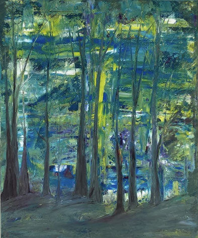 Peinture représentant une forêt avec des arbres et des couleurs bleues, violettes, vertes, jaunes, blanches, brunes