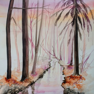 Aquarellstudie "Eiskalter Januar im Schlosspark": kleiner Bach umringt von Bäumen, kühles Rosa
