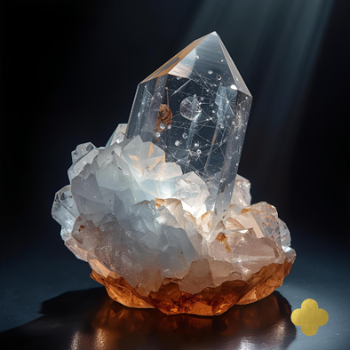 Mystischer Bergkristall mit goldener Basis im Lichtstrahl – energetischer Edelstein.
