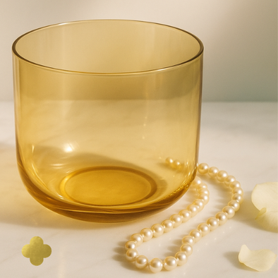 Golden singing bowl with elegant pearl necklace and petals – spiritual ritual object.