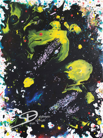 Sarah Esslinger-Dahlmann, Leuchten im Dunkeln, Februar 2021, 60 x 80 cm, Acrylfarbe, Mischtechnik auf Leinwand, abstraktes, kraftvolles, farbintensives Werk, schwarz in allen Facetten, vollflächig, gelbe runde, leuchtende Formen als Akzent